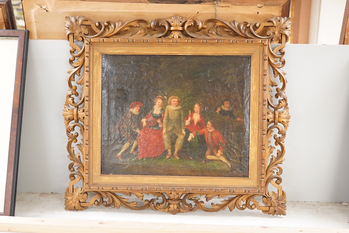 19th century, Continental School, Group of courtiers and a musician, unsigned, oil on canvas, gilt frame, 24 x 29cm